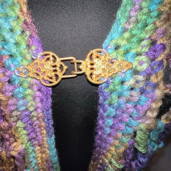 Open knit crochet pastel bobble gold-tone clasp hand knitted Gypsy Girl Shawl - Picture 4 of 8